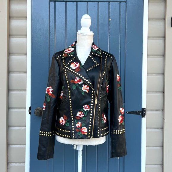Anna Sui Loves I.N.C. Floral Moto Jacket Floral Embroidery Women’s Size Medium - Picture 1 of 12